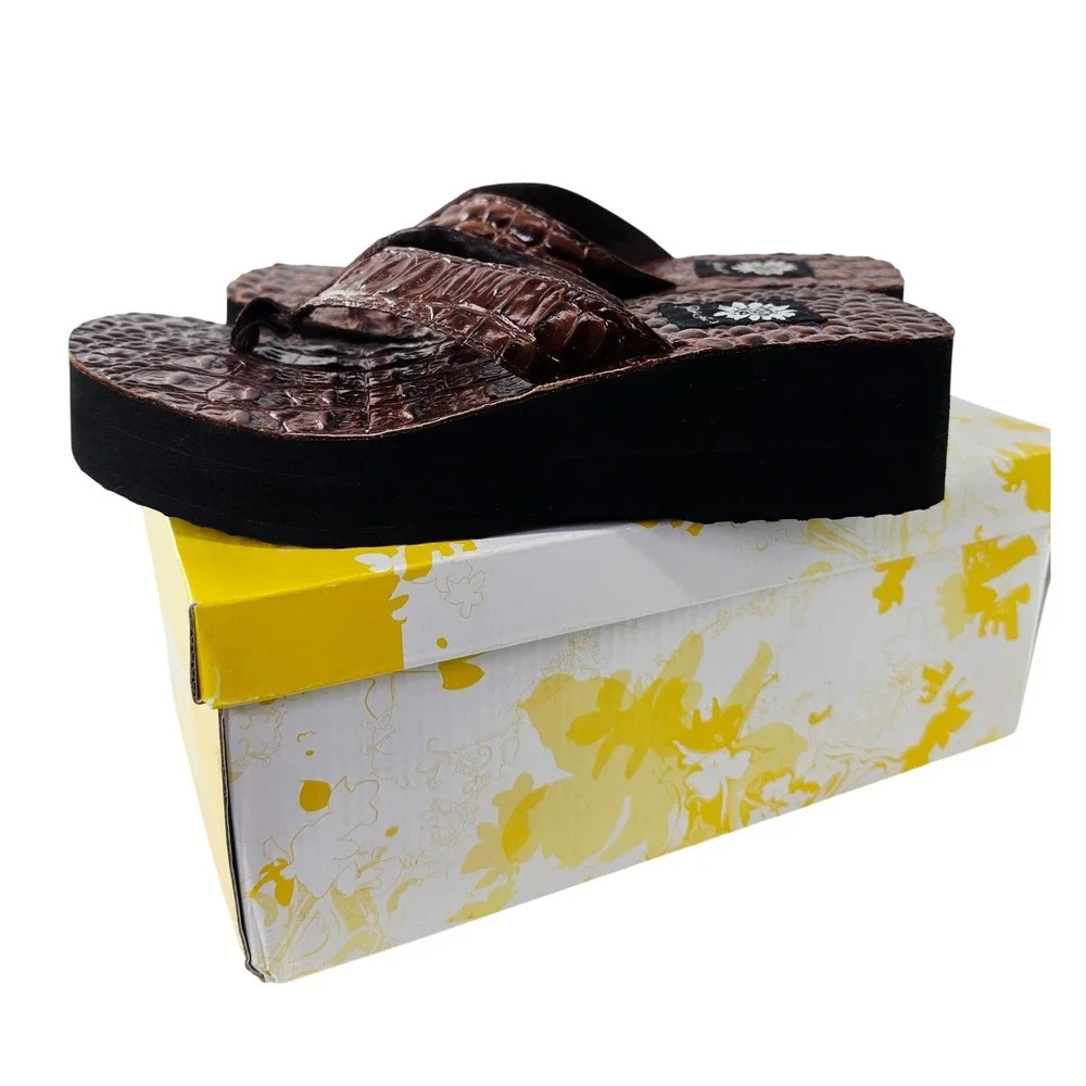 Yellow Box Toga Brown Croc Embossed Leather Platform Flip Flop Sandals Womens 7 - Picture 4 of 10